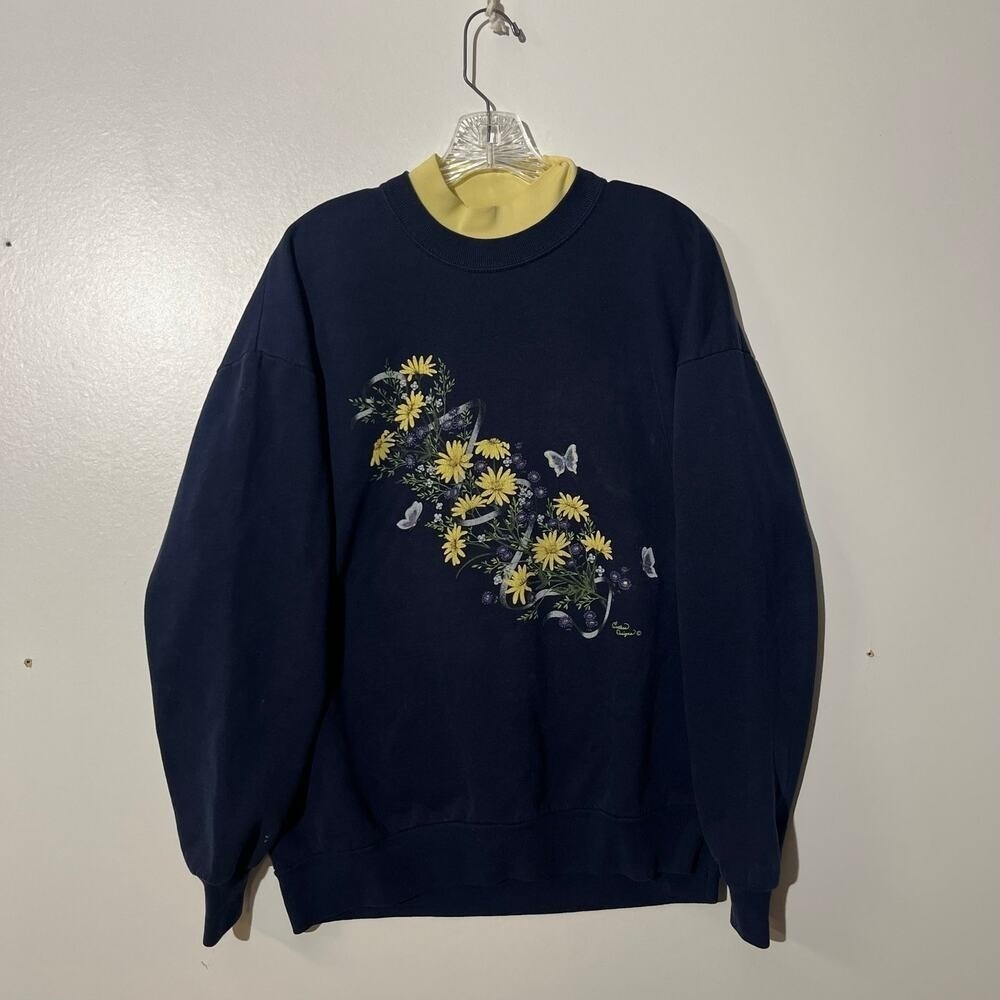 Vintage 90's Pleasant Shade Blue Yellow Floral Butterfly Sweatshirt XL